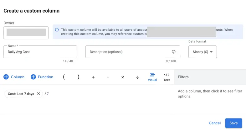 google ads testing - daily average cost column