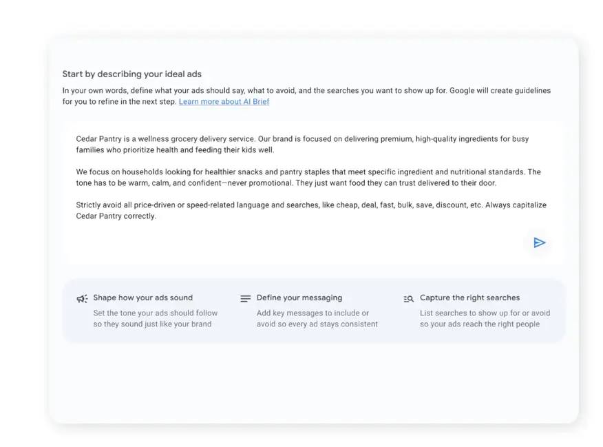 google ads experiments - ai brief example screenshot